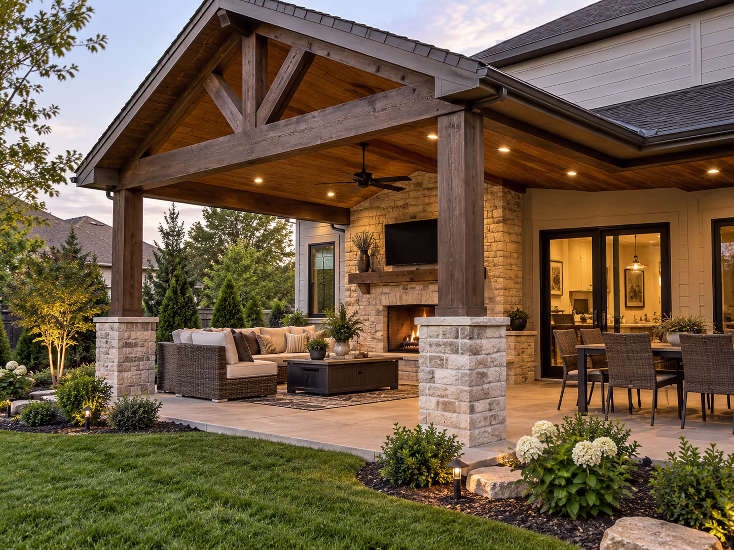 Covered outdoor living structure with dining area