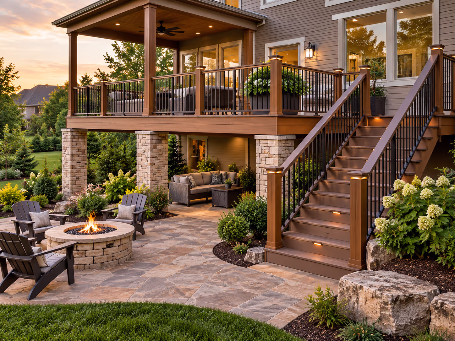 Elevated outdoor living deck and landscaped patio