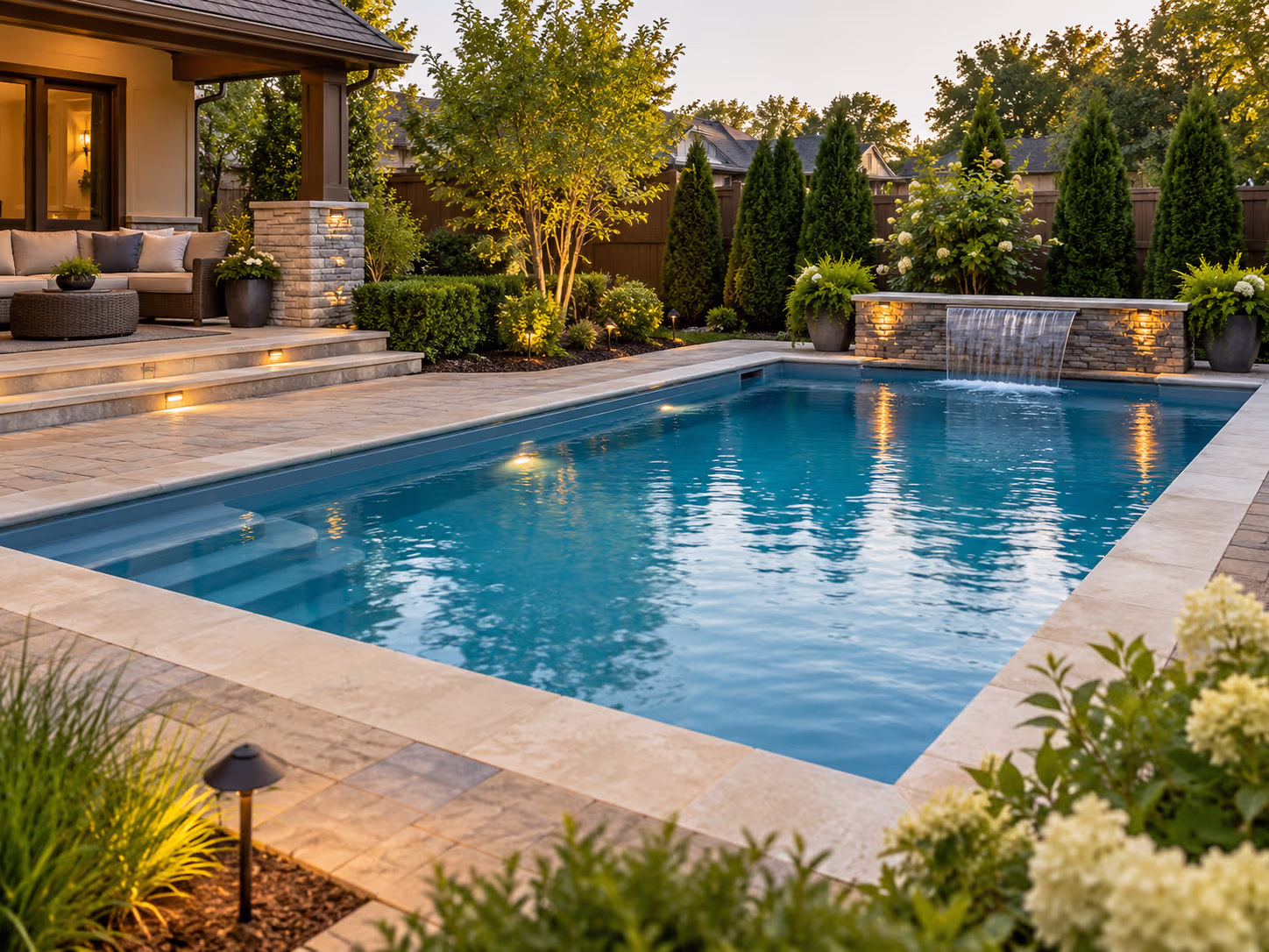 Backyard pool integrated with landscape and water features