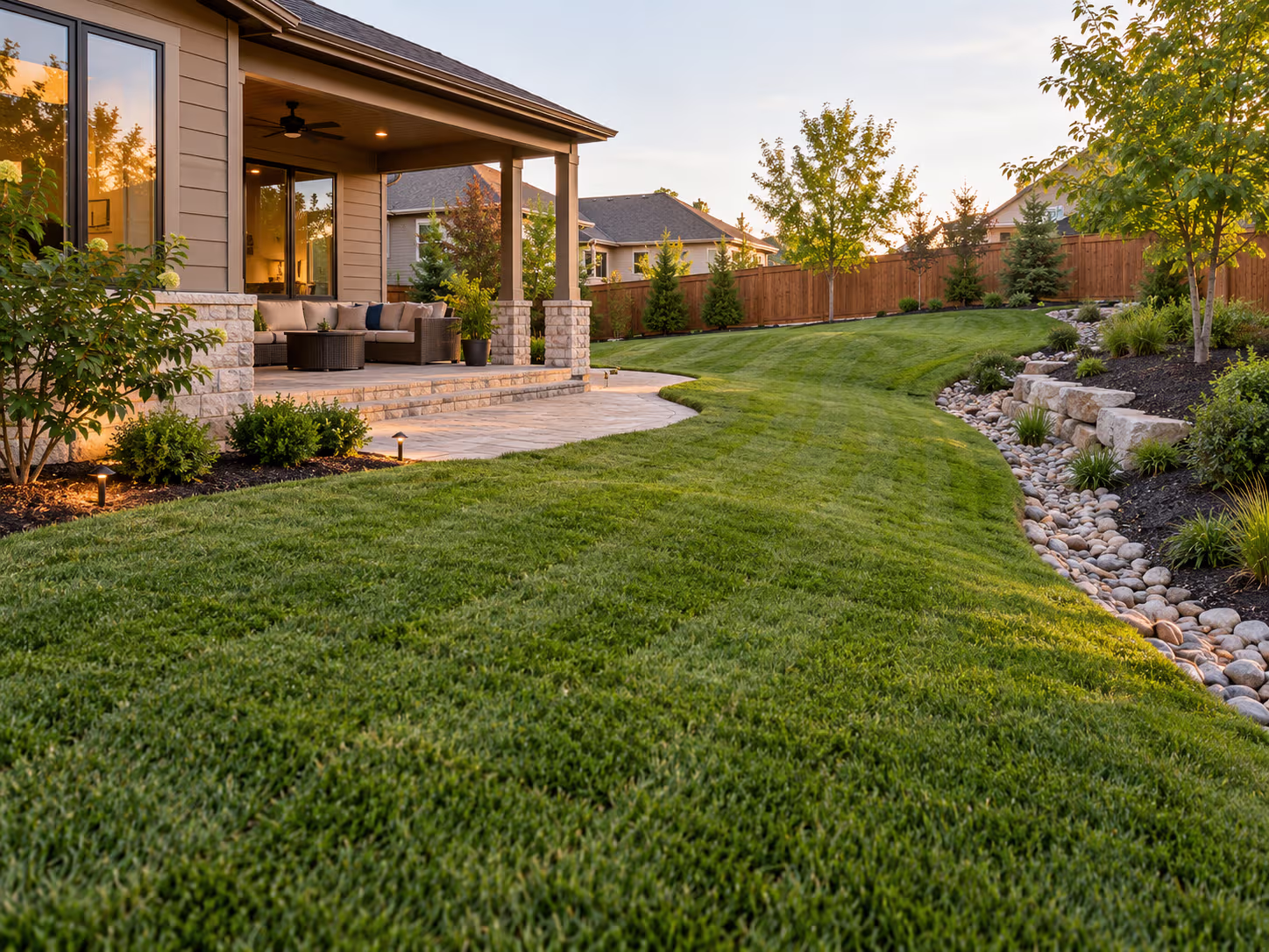 Finished lawn and carefully graded outdoor living project