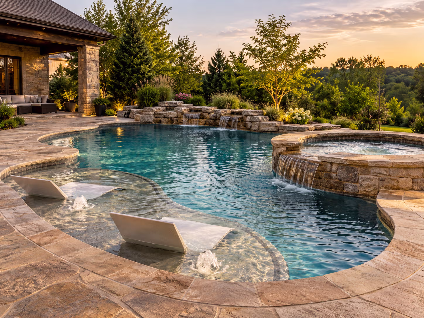 Custom pool with masonry edge and integrated lighting