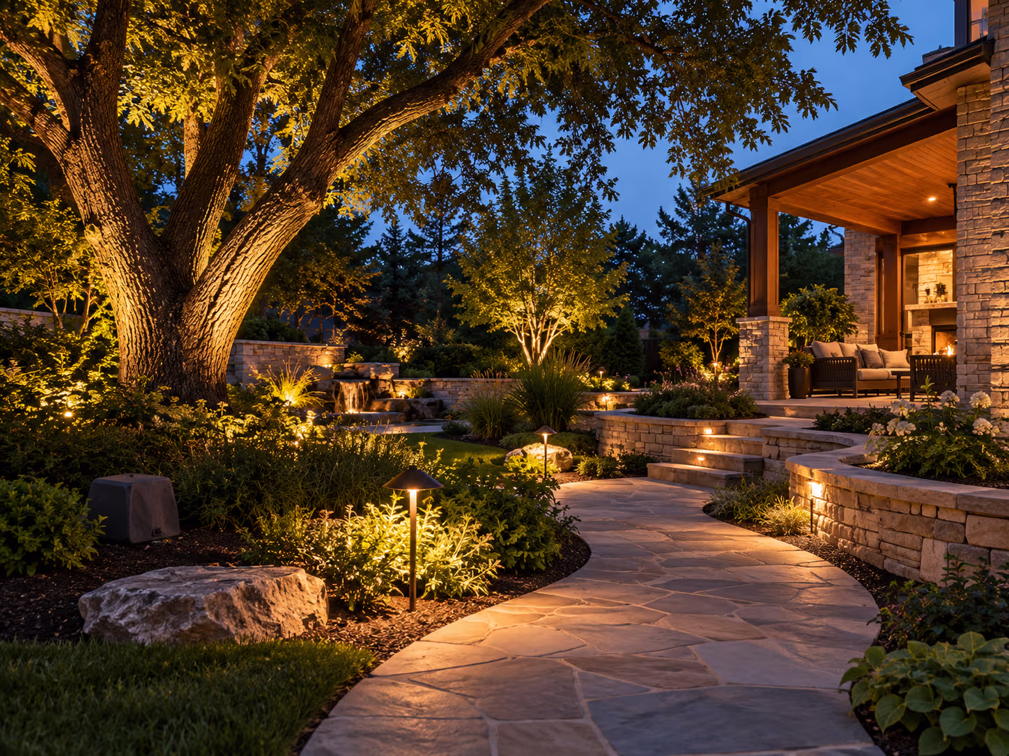 Professionally lit backyard landscape at blue hour