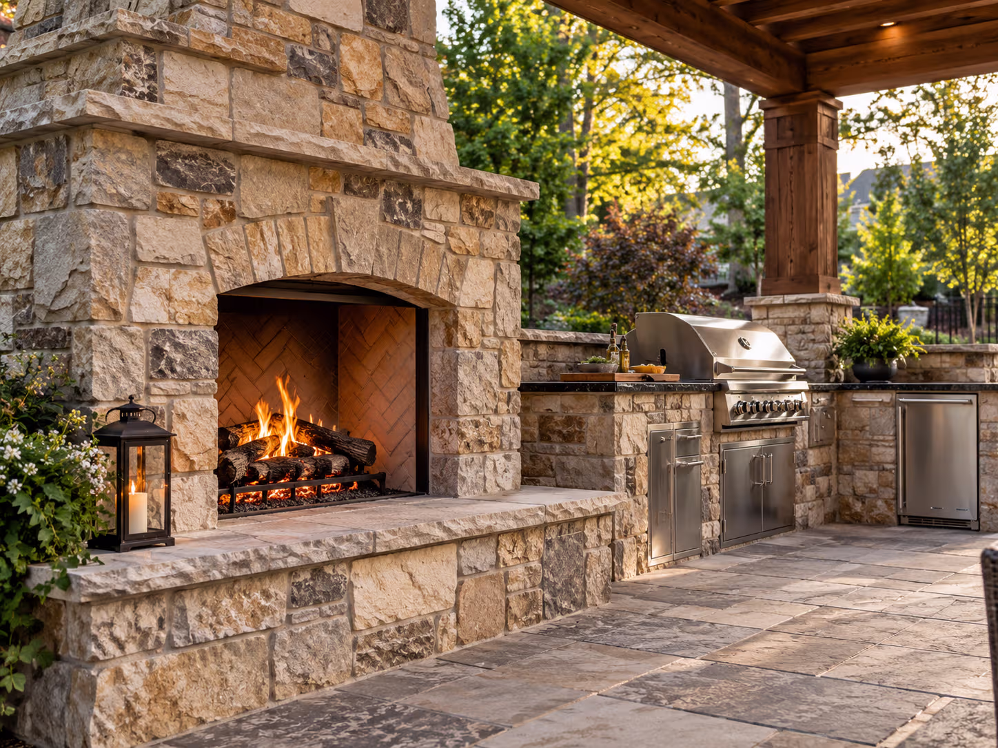 Detailed stone masonry throughout an outdoor living space