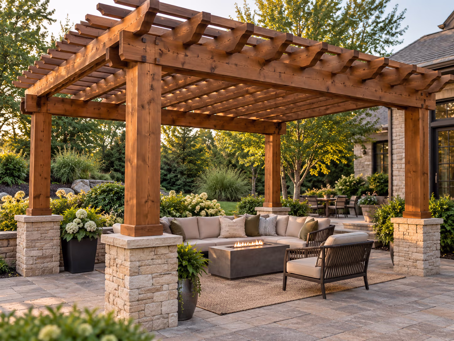 Cedar pergola integrated with an outdoor kitchen