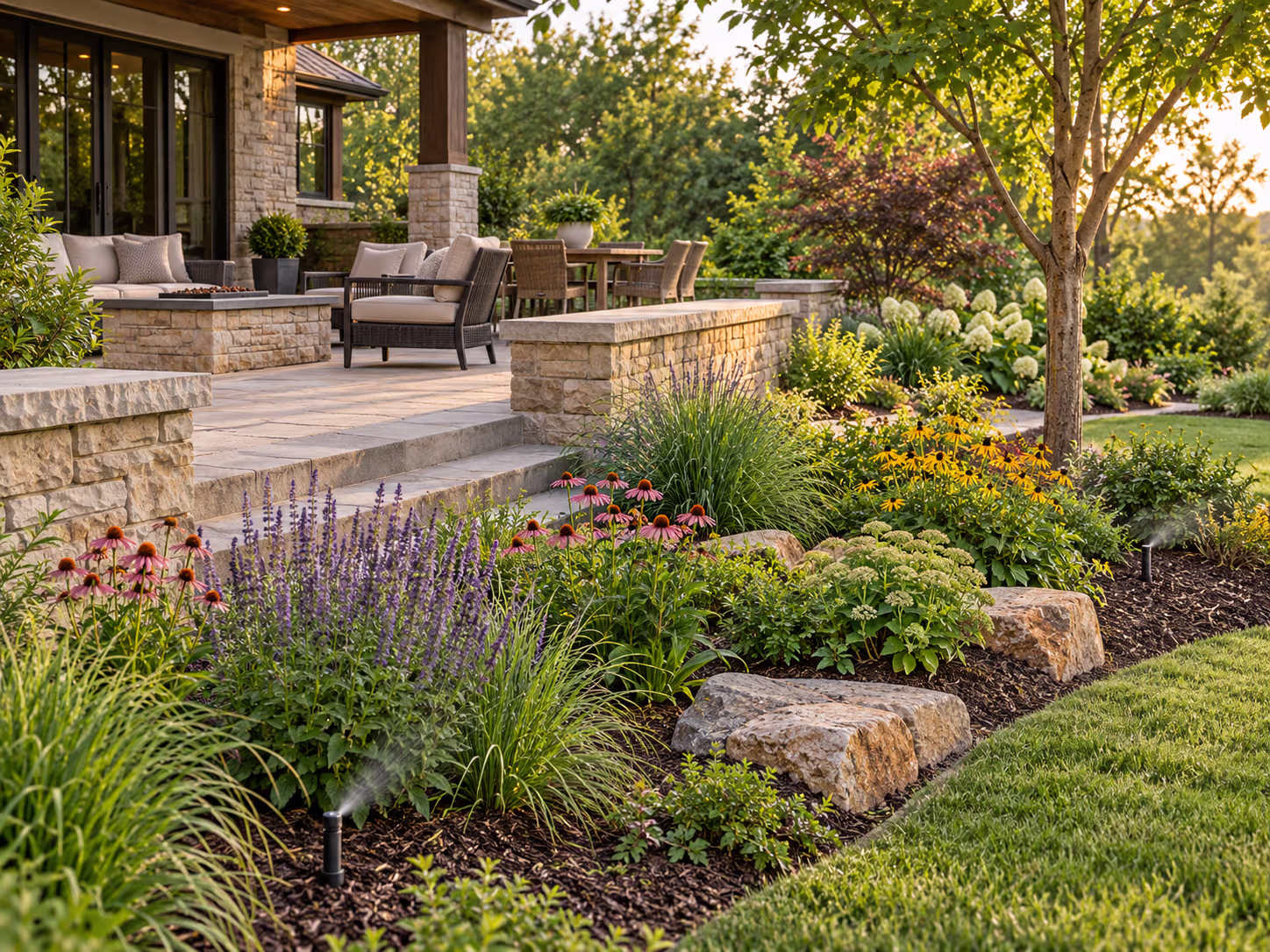 Layered garden planting around a finished patio