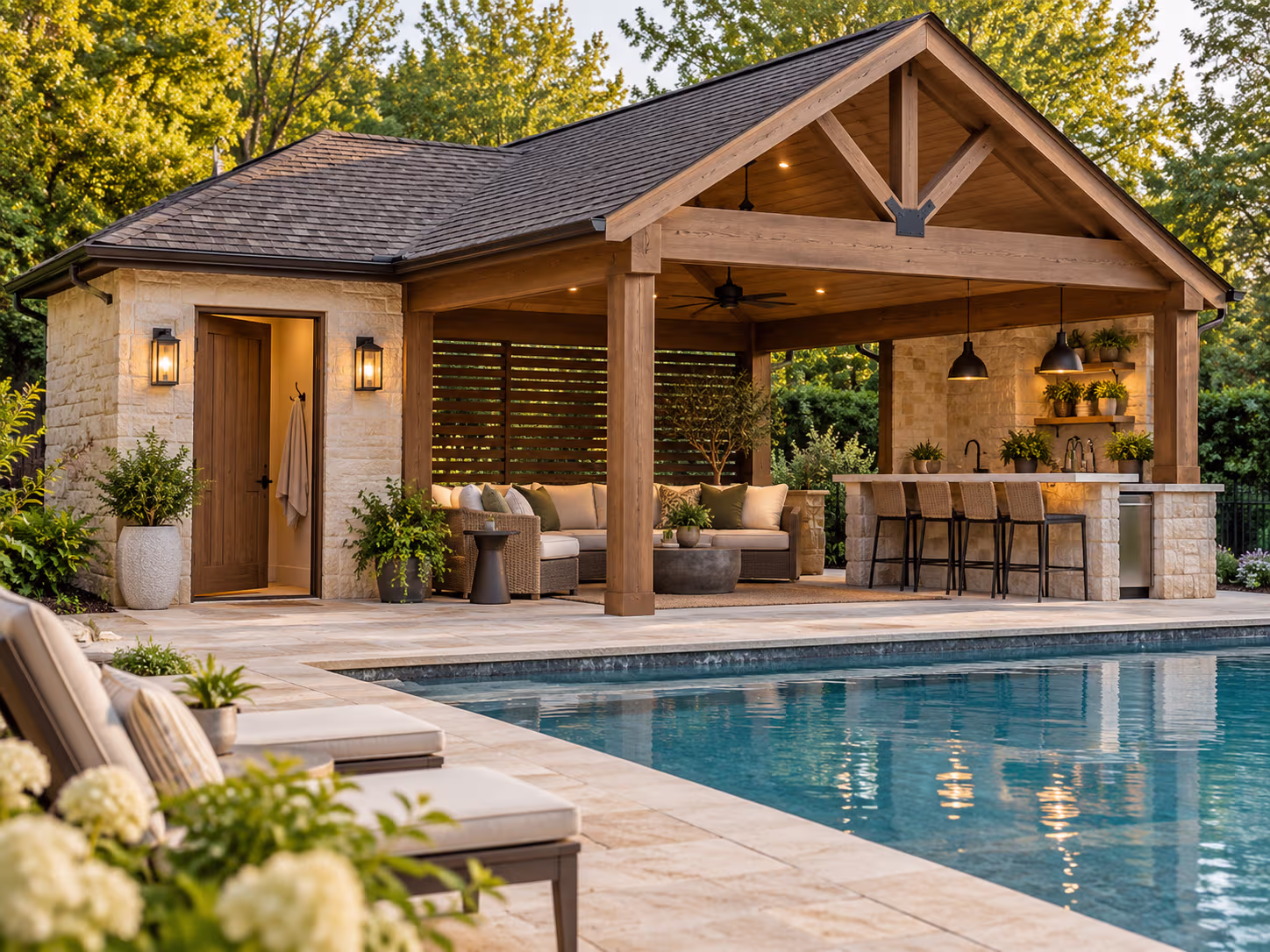Pool landscape with nearby outdoor gathering spaces