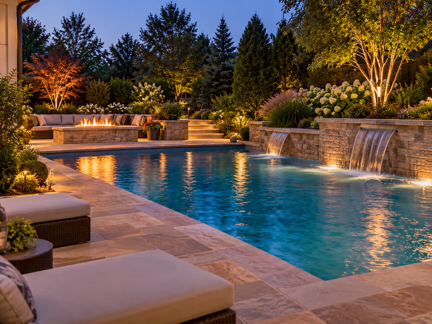 Pool with fire feature, waterfalls, and evening lighting