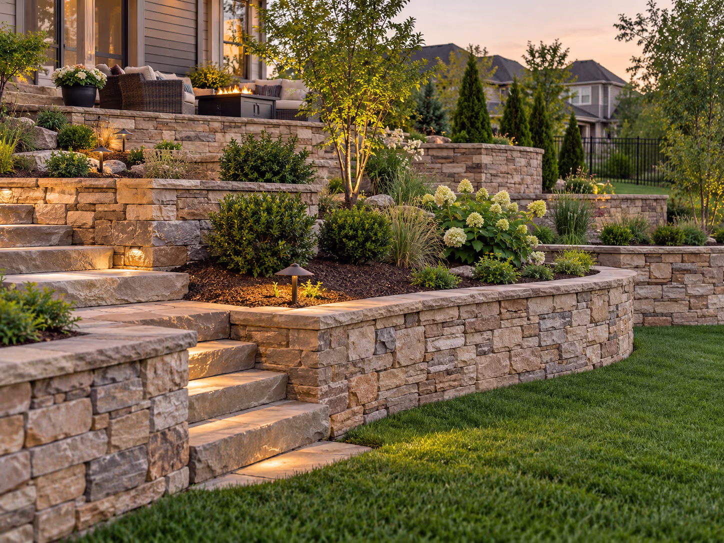 Stone retaining walls shaping a tiered patio