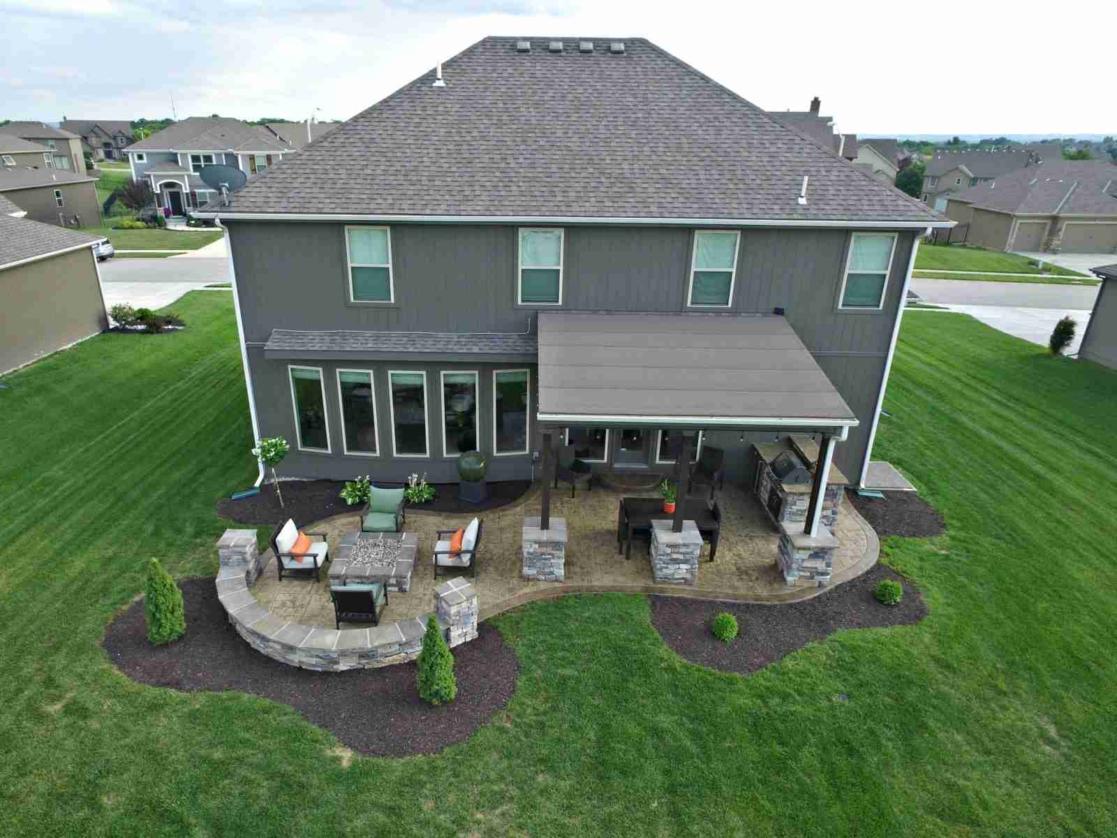 house with backyard patio aerial view