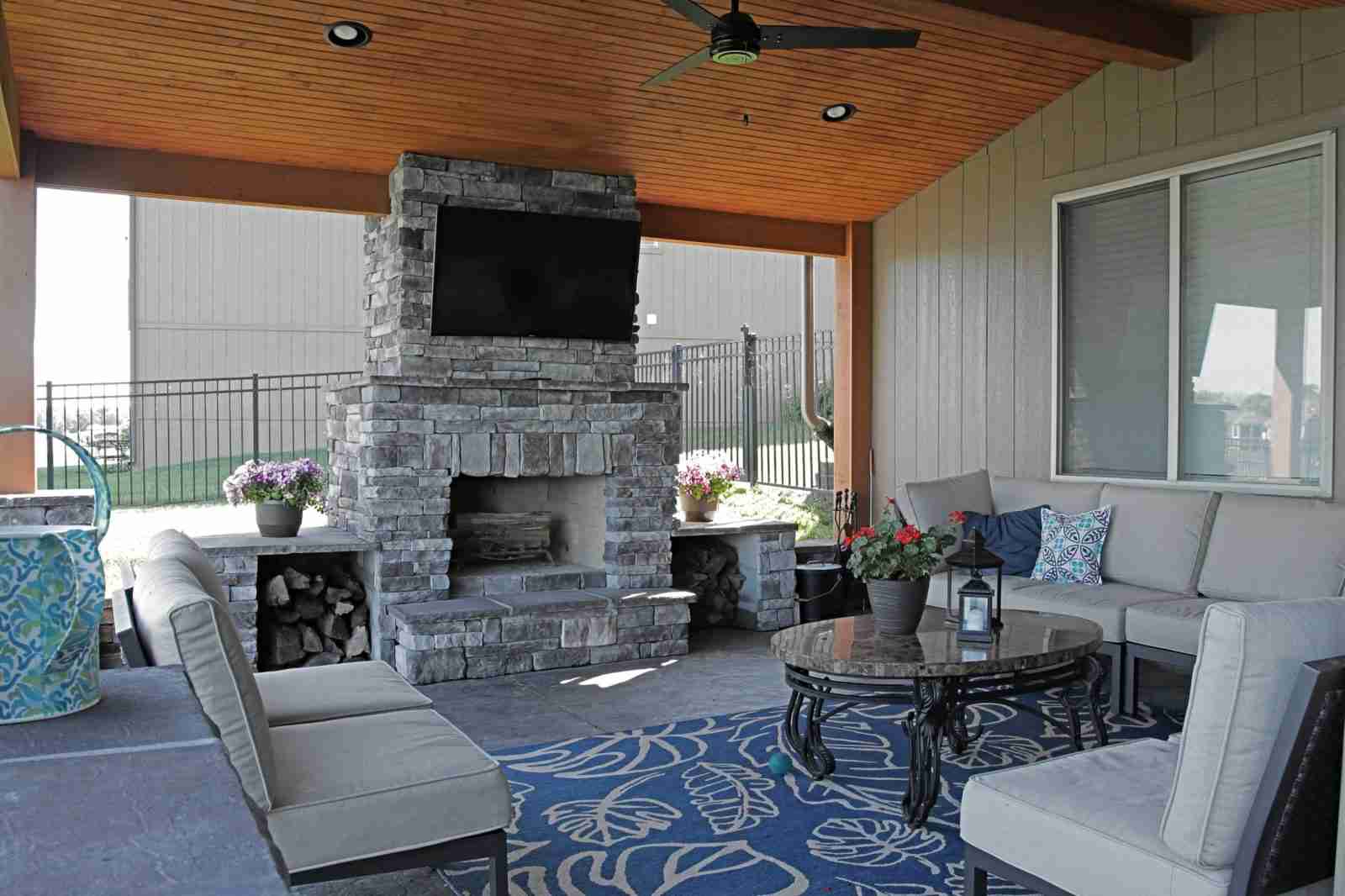custom stone veneer fireplace