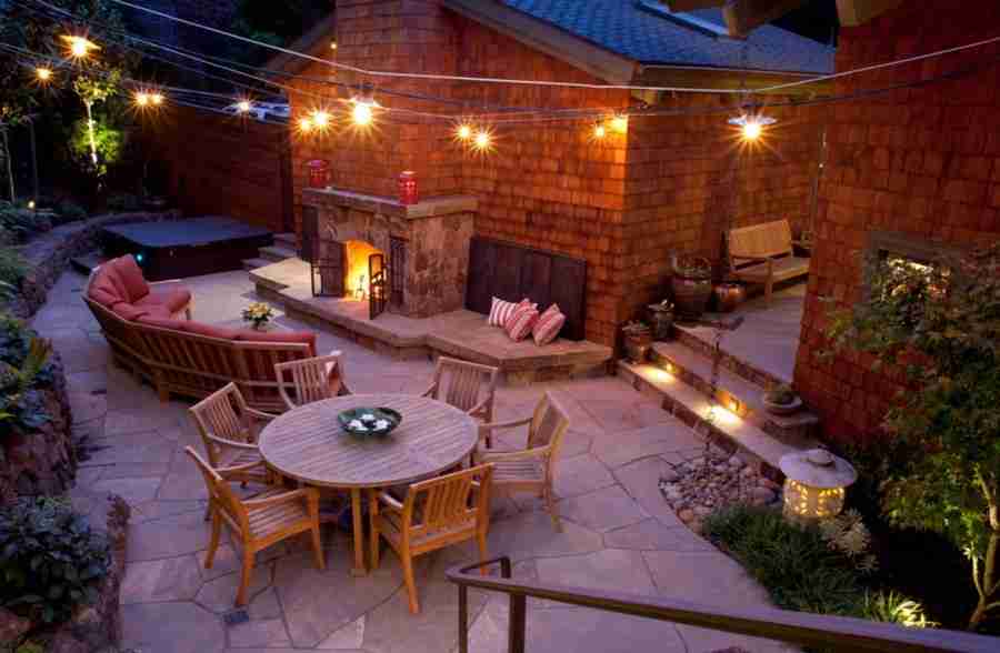warm lit outdoor seating