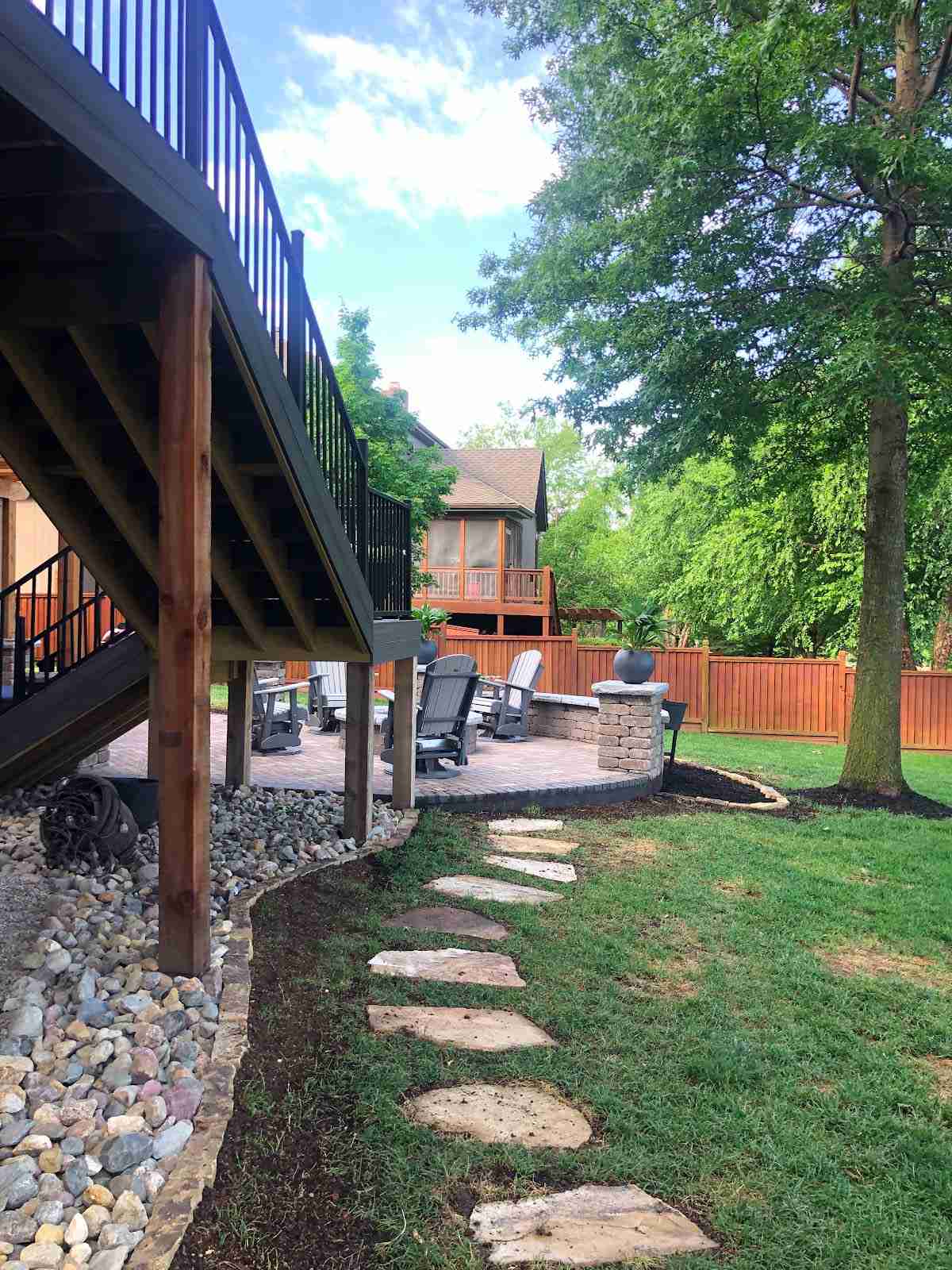 connected spaces with a flagstone pathway