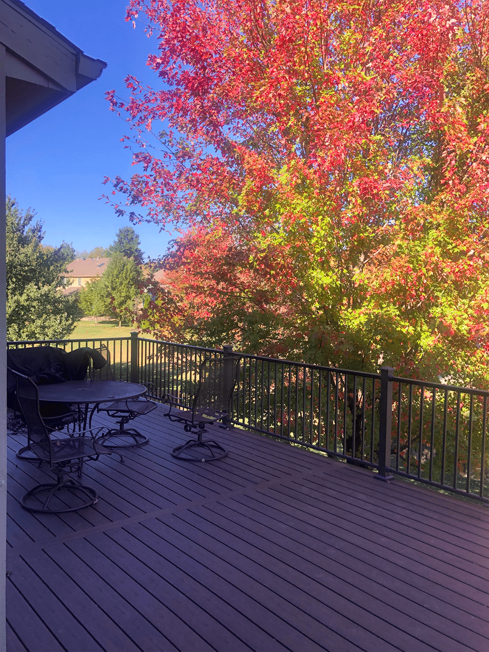 Backyard view of a custom double-decker deck structure with outdoor seating and stairs