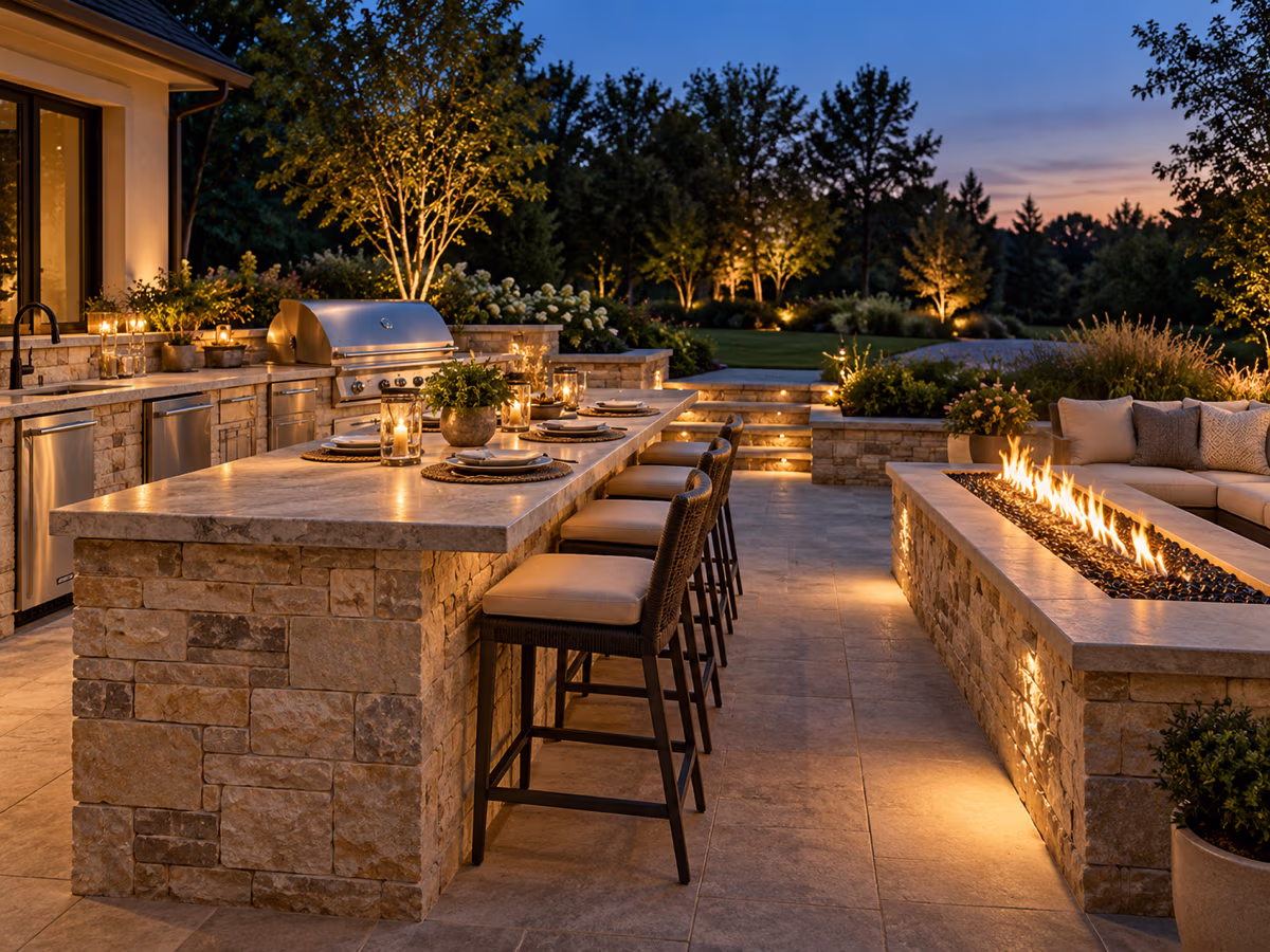 Linear fire feature built into a stone seat wall at dusk